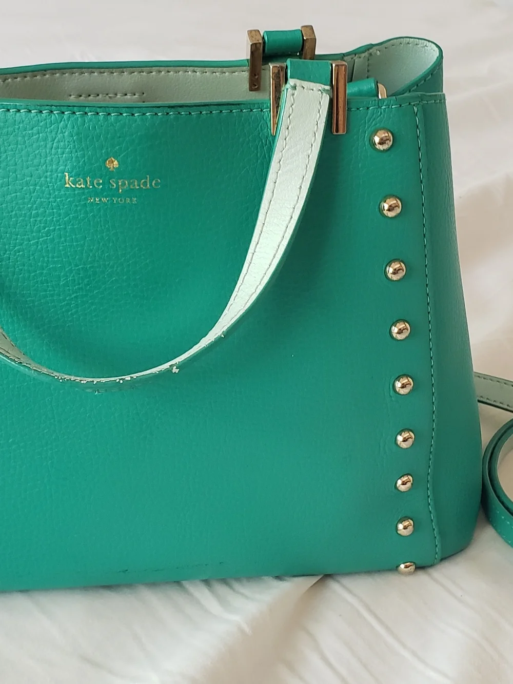 kate spade turquoise pebbled leather satchel with gold hardware